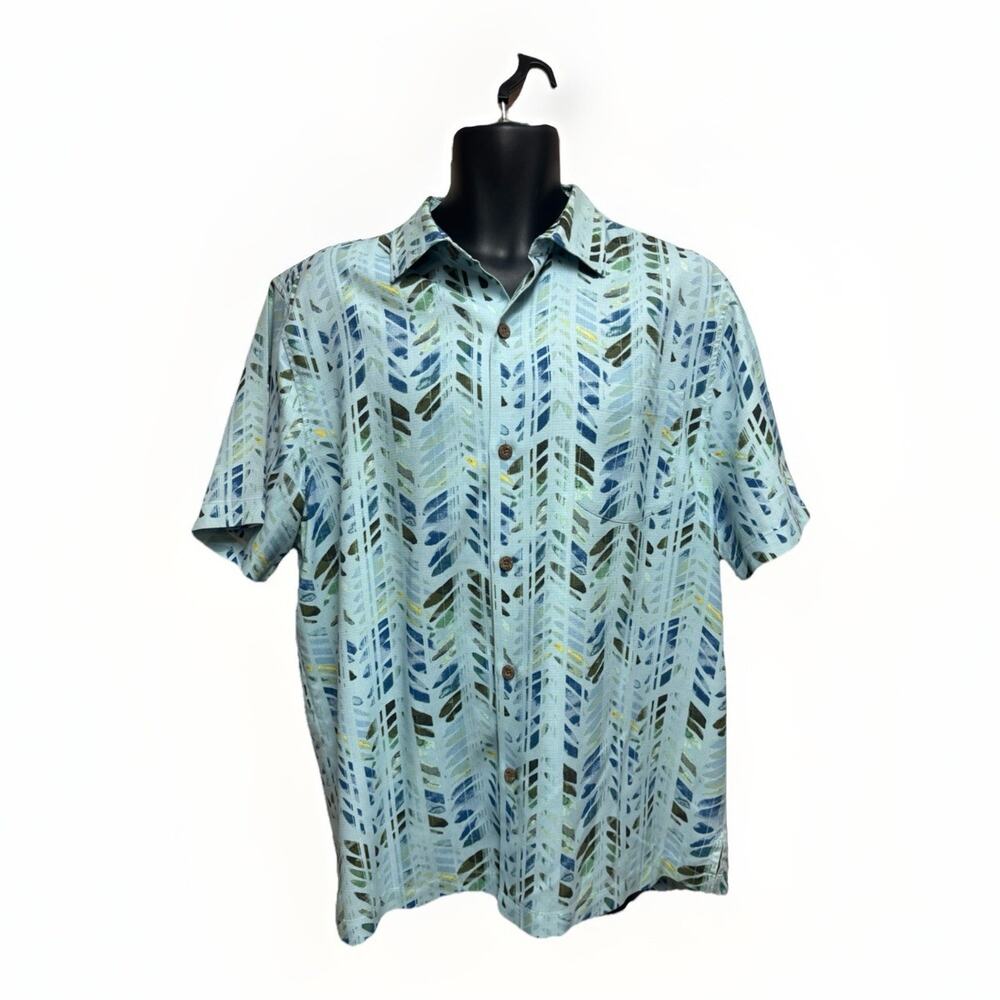 Tommy Bahama Mens Large Silk Hawaiian Shirt Blue Tropical Short Sleeve Button Up